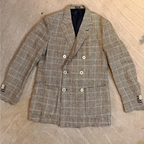 Massimo Dutti Brown Plaid Double-Breasted 100% Linen Suit - Picture 5 of 10